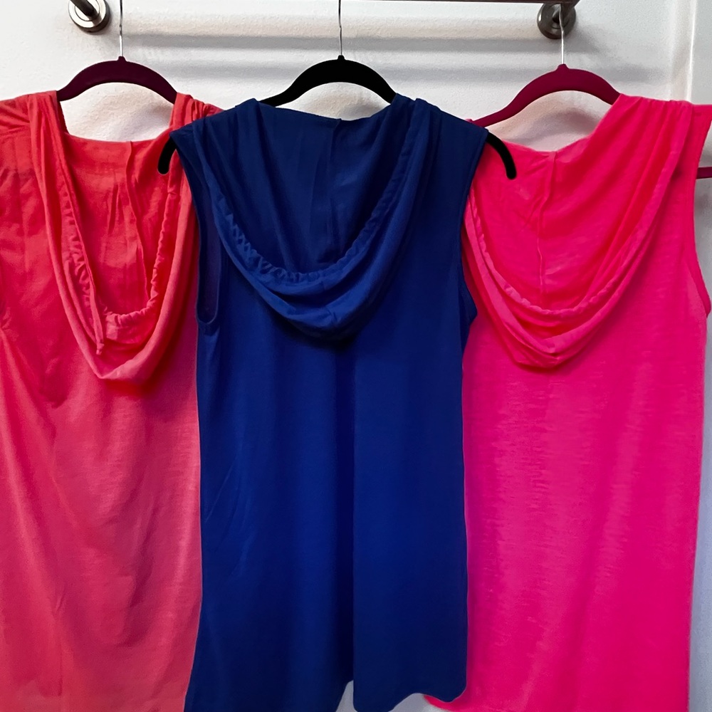 3 Sleeveless Hooded Tops - Blue, Pink, Coral